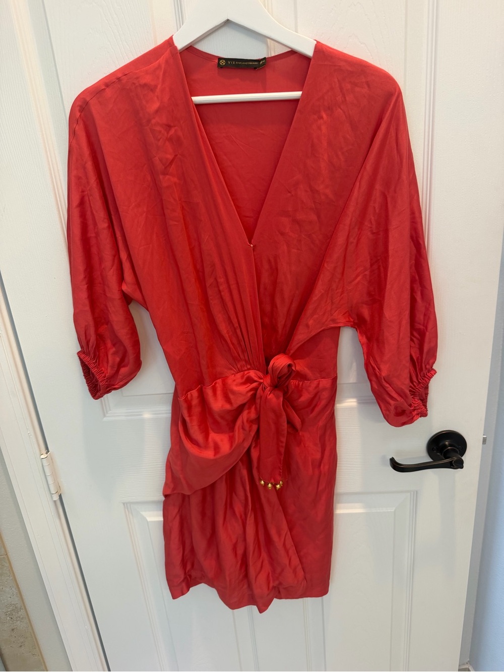 ViX Paula Hermanny Thami Silk Blend Short Wrap Dress Coral S 4 women